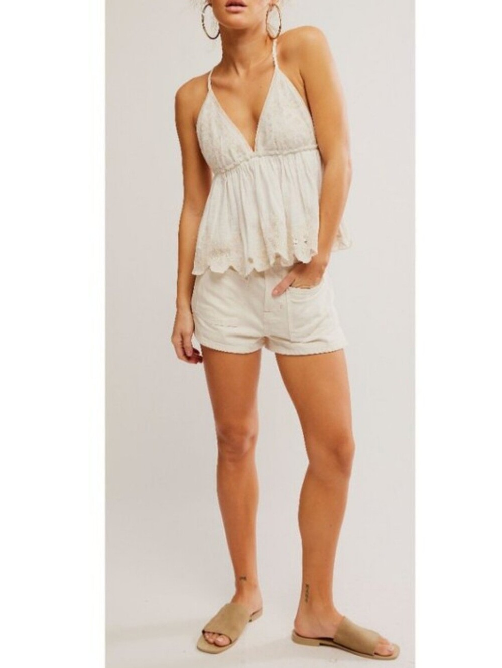 Sunny Days Cami Ivory Eyelet Embroidered Babydoll Tank Top Size Small